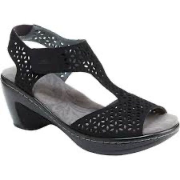 Jambu Chloe Vegan Black Cutout T-Strap Wedge Sandals Sz 6 - Picture 1 of 7